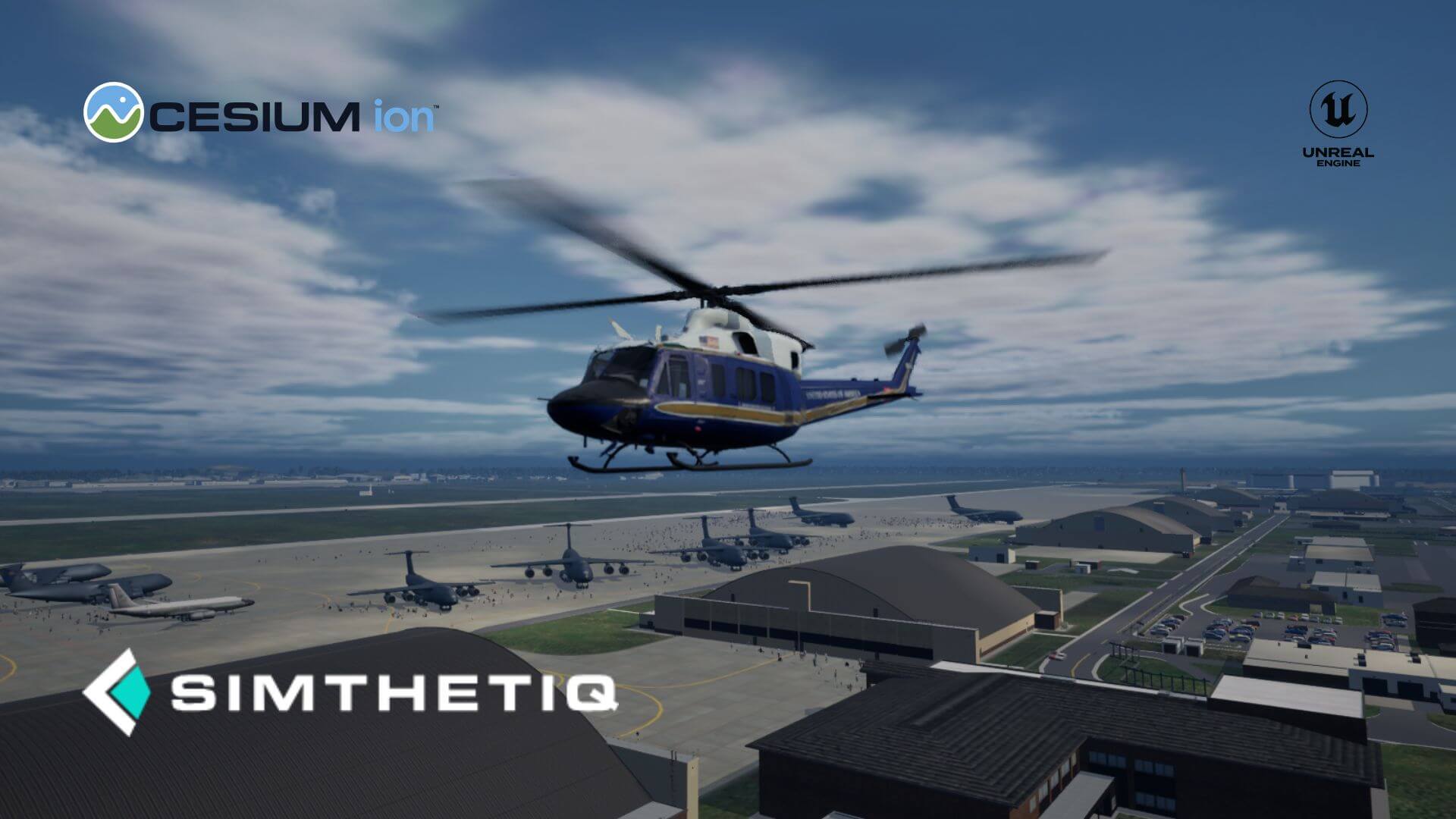 helicopter flies over an airport with various aircraft and buildings visible below, featuring logos for Cesium ion and…