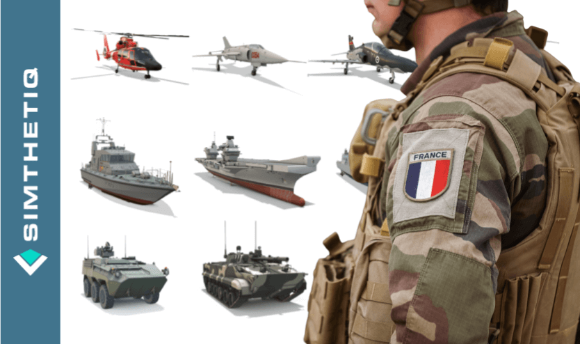 soldier in camouflage with a French flag patch stands beside various military vehicles and aircraft illustrations.