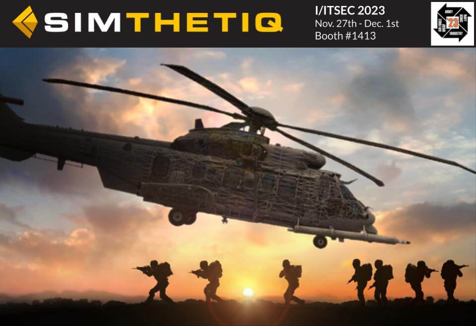 Silhouetted soldiers advance as a helicopter hovers above against a sunset backdrop, with event details at the top.