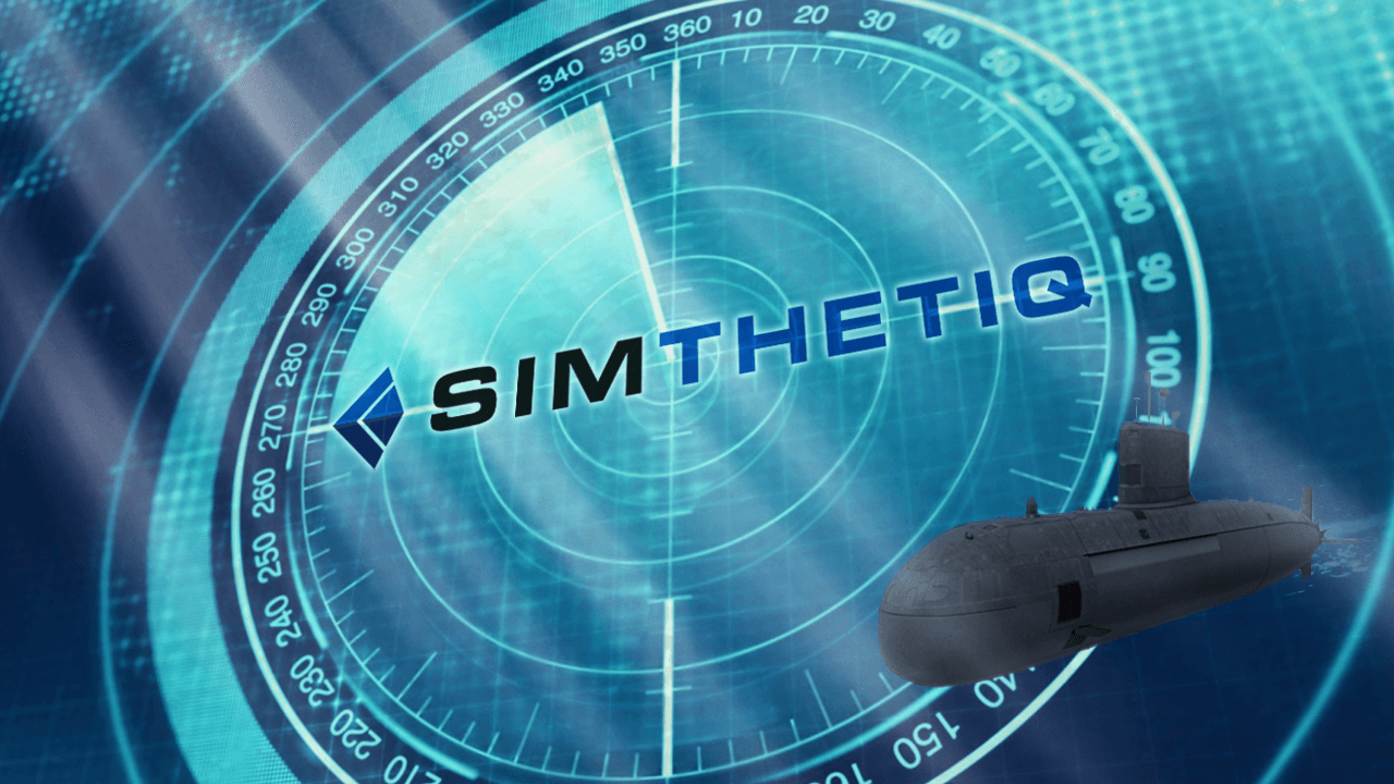 digital radar display with the text "SIMTHETIQ" and a submarine graphic on a blue background.