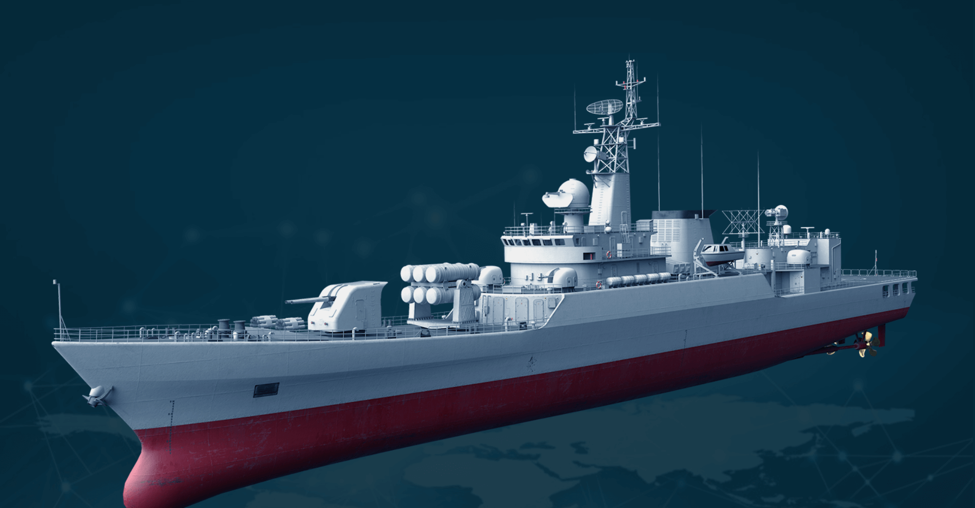 detailed 3D rendering of a naval ship with a gray and red hull against a dark blue background.