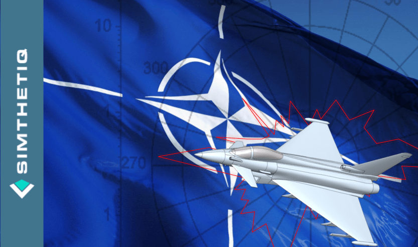 3D model of a jet aircraft is superimposed on a NATO flag background with a logo on the left.