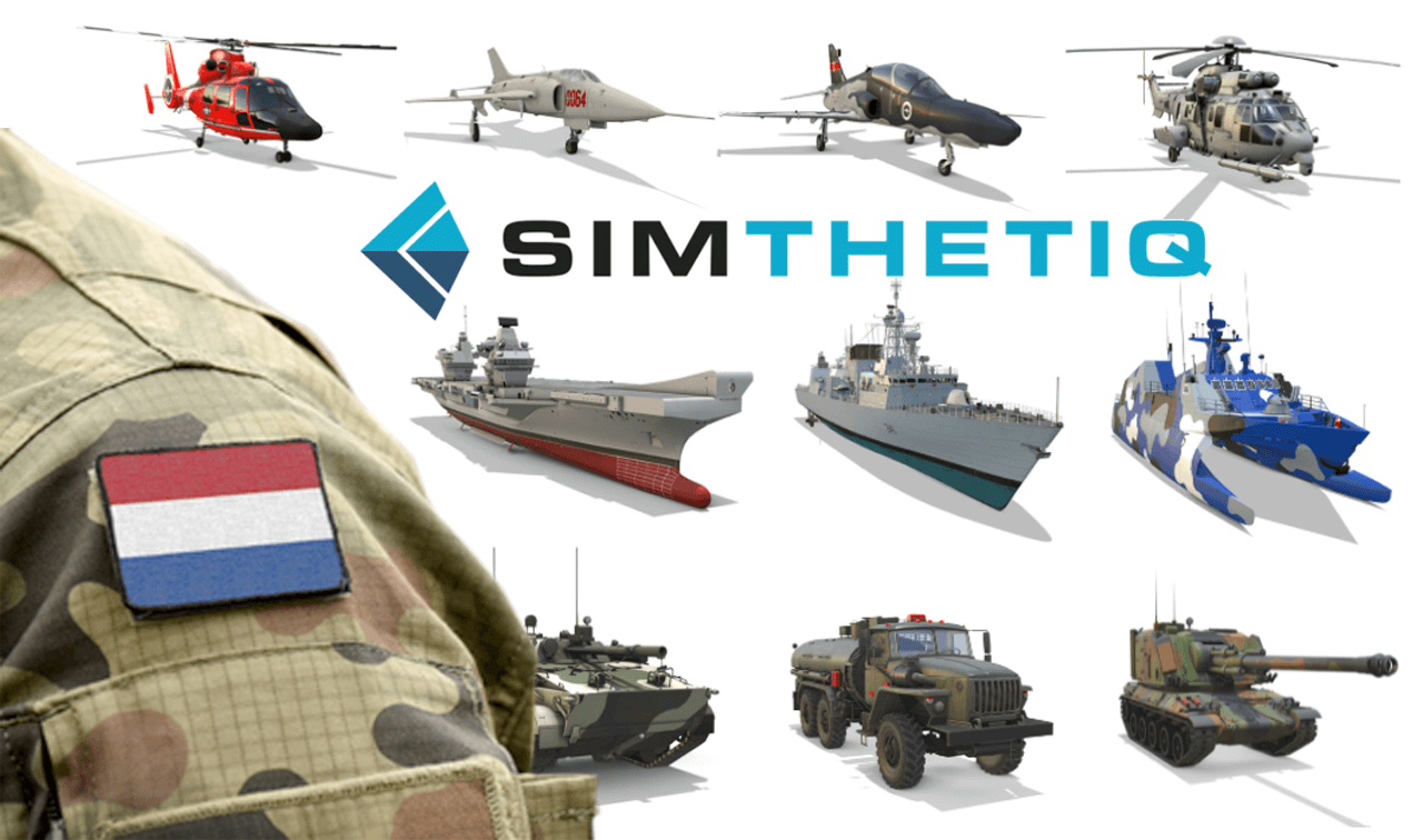 soldier's shoulder patch is shown alongside various military vehicles and aircraft, with "SIMTHETIQ" prominently…