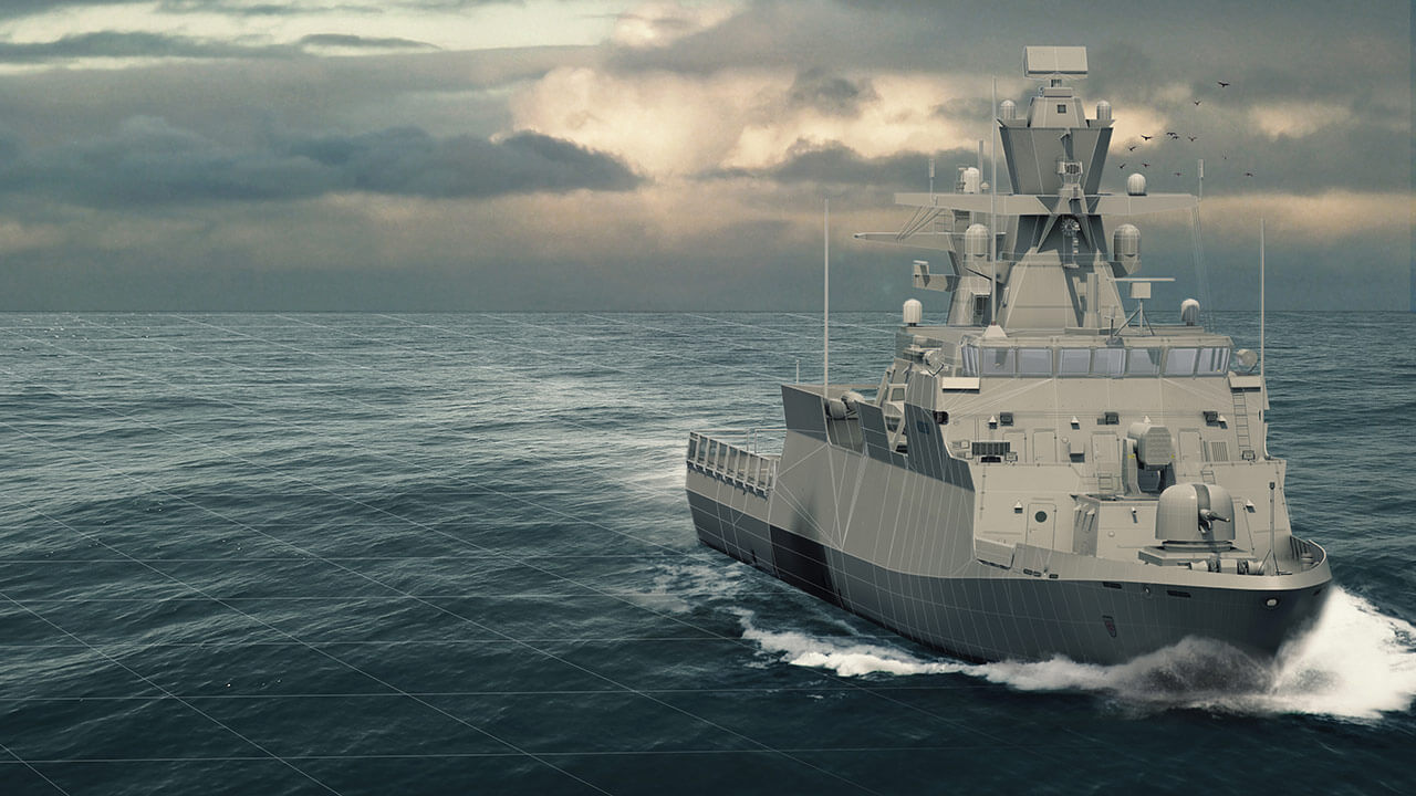 modern naval ship navigates through calm waters under a cloudy sky.