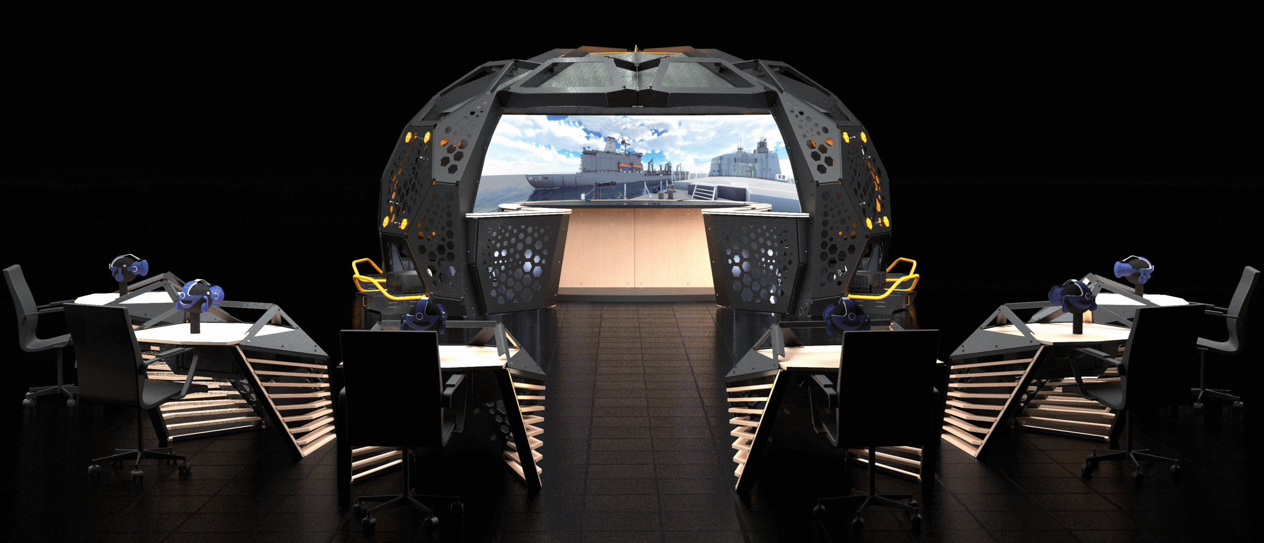 futuristic control room with multiple desks, VR headsets, and a large screen displaying a ship on the water.