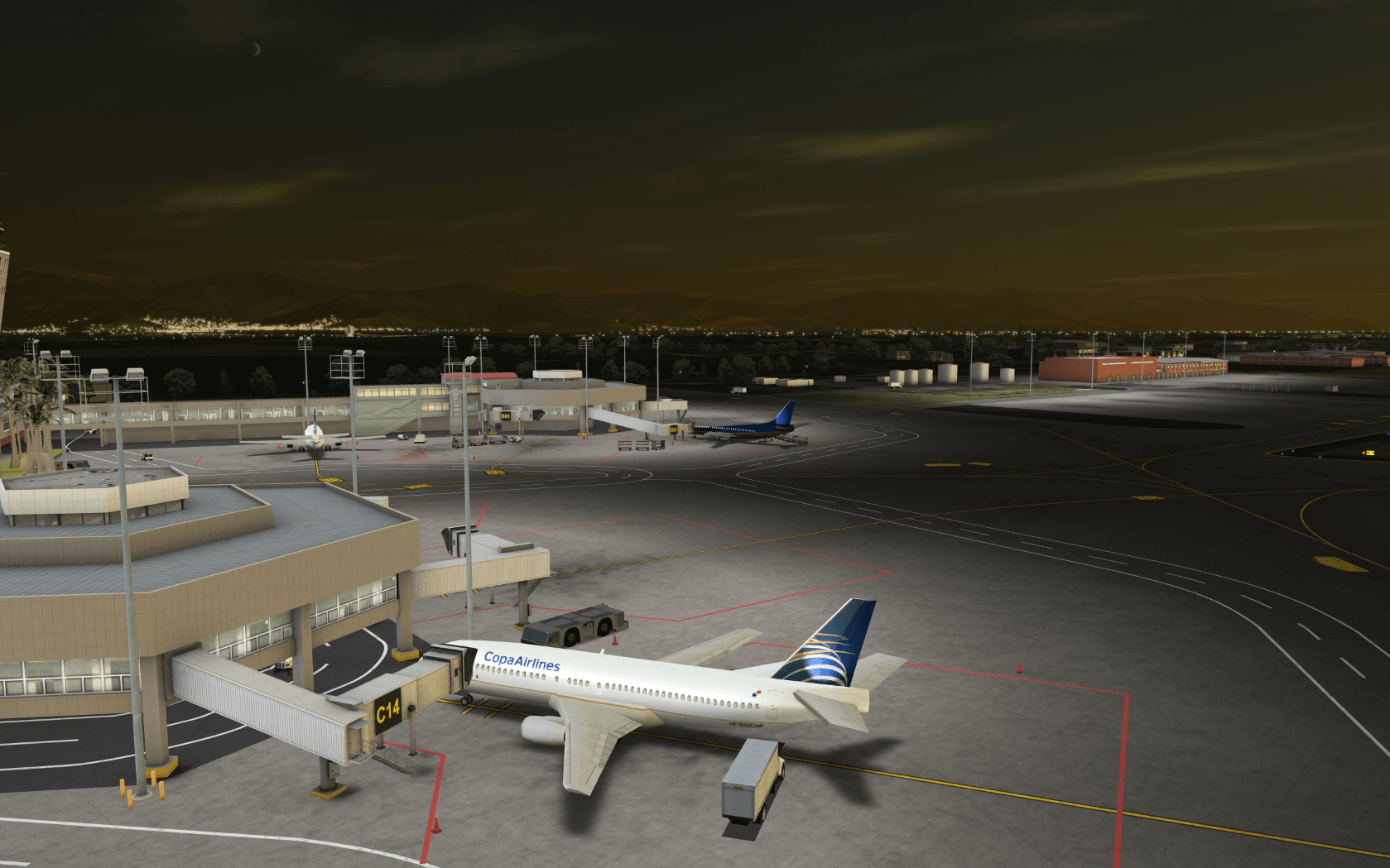 airport scene at night featuring a Copa Airlines plane at a gate, with other aircraft and terminal buildings visible.