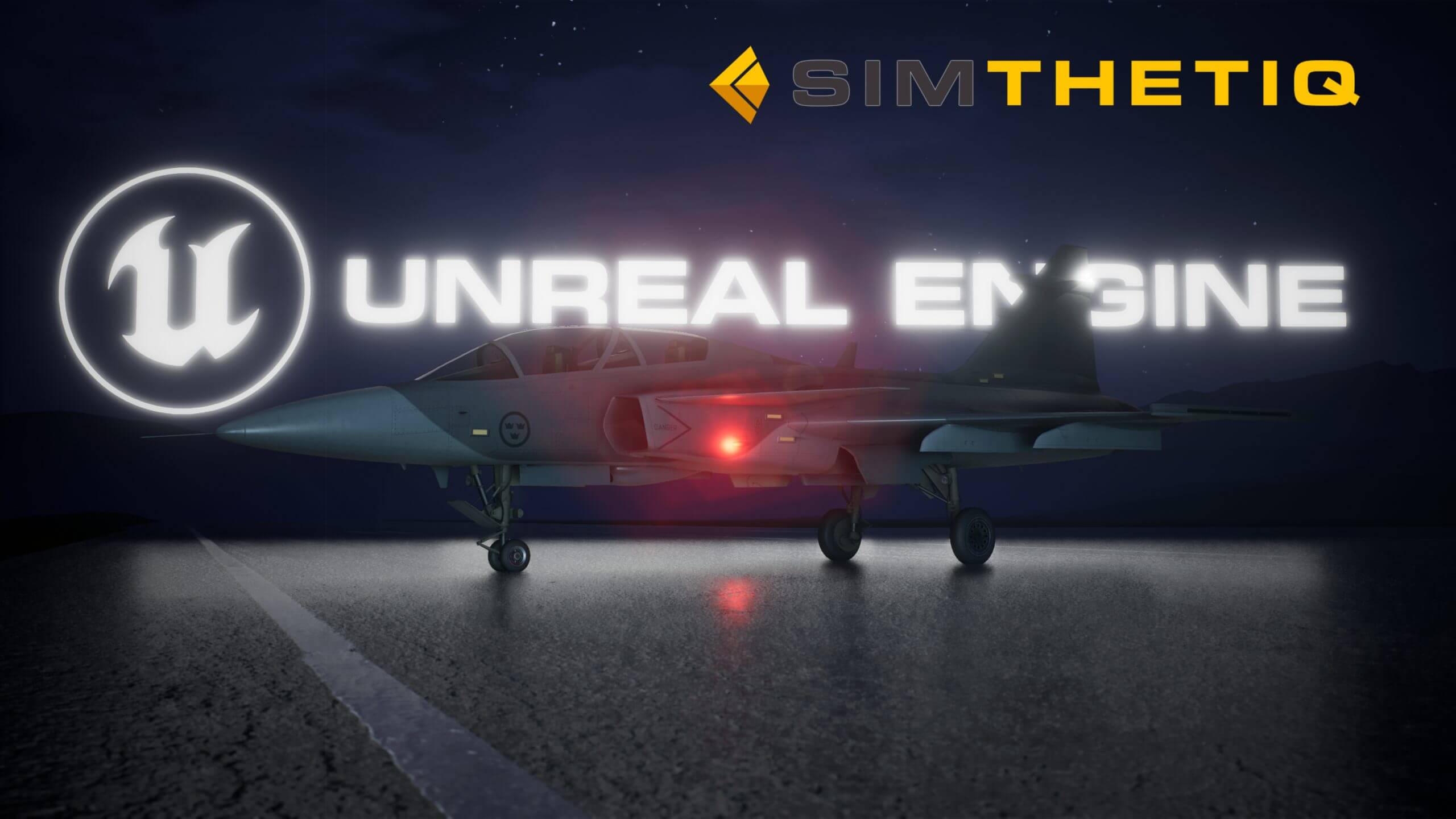 military jet is displayed on a runway with "UNREAL ENGINE" text and the "SIMTHETIQ" logo in the background.