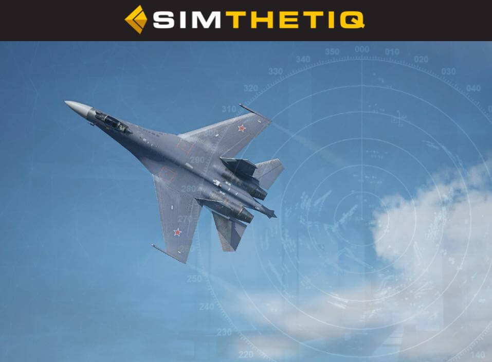 military jet flies against a blue sky with radar graphics and the logo "SIMTHETIQ" at the top.