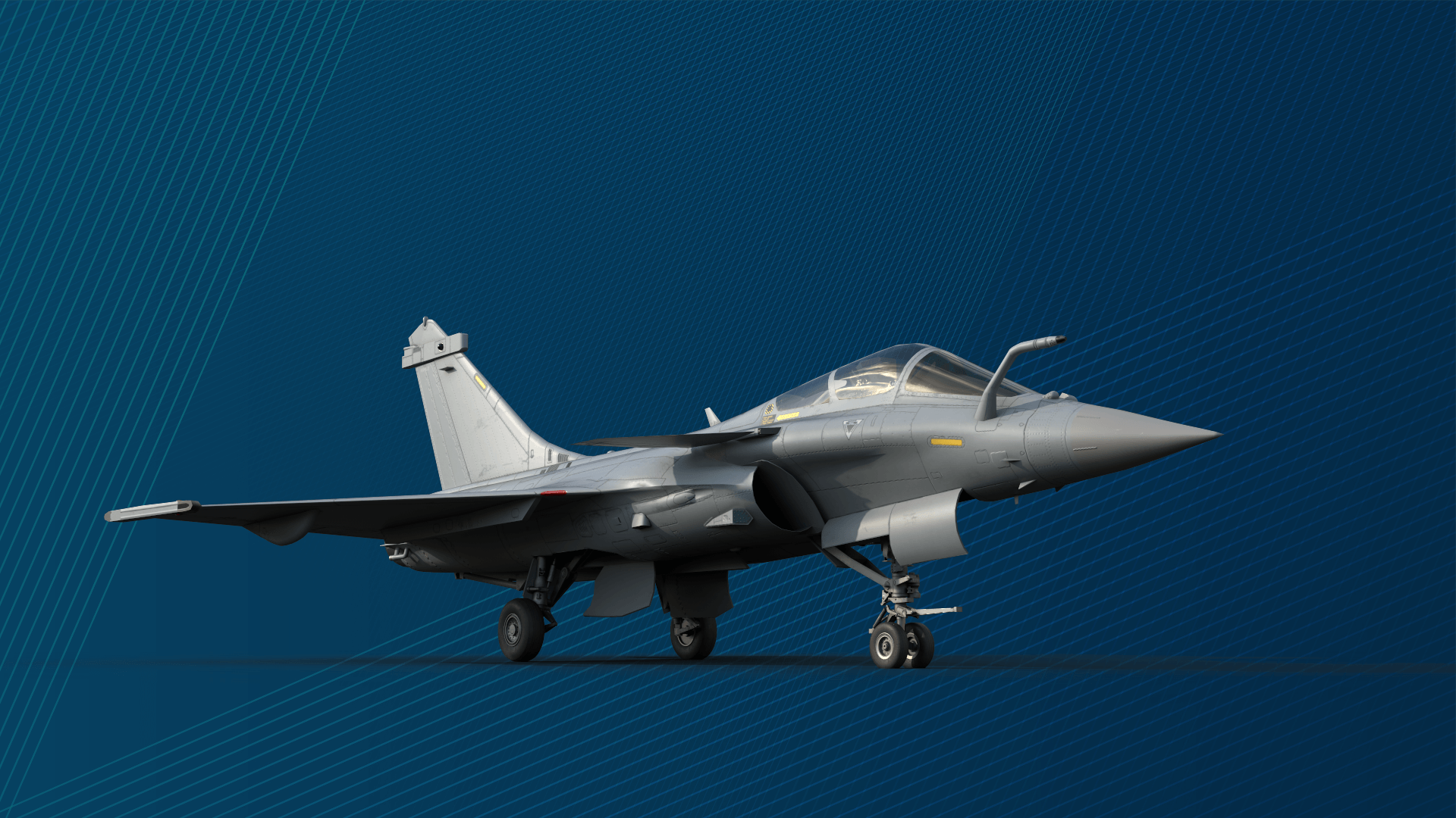 gray fighter jet is shown from the side against a blue background with diagonal lines.