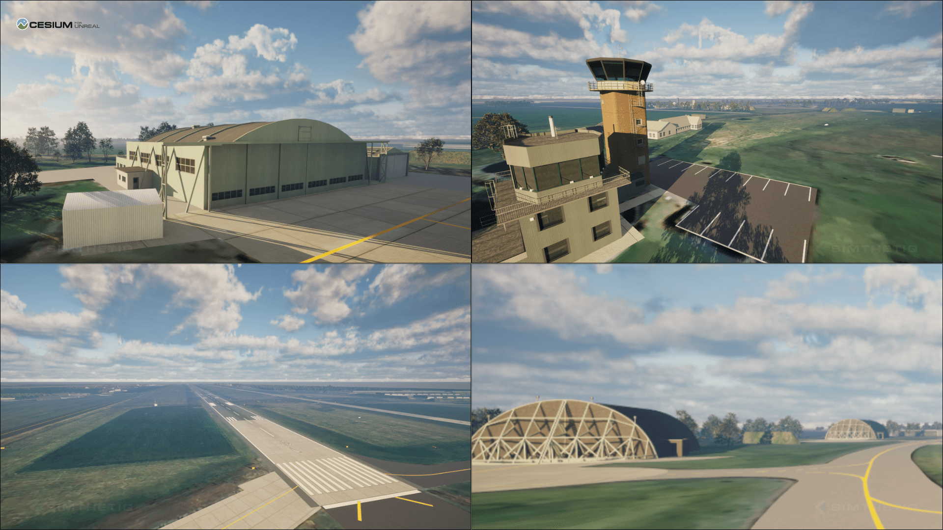 Four-panel image showing an airport with a hangar, control tower, runway, and additional structures under a cloudy sky.