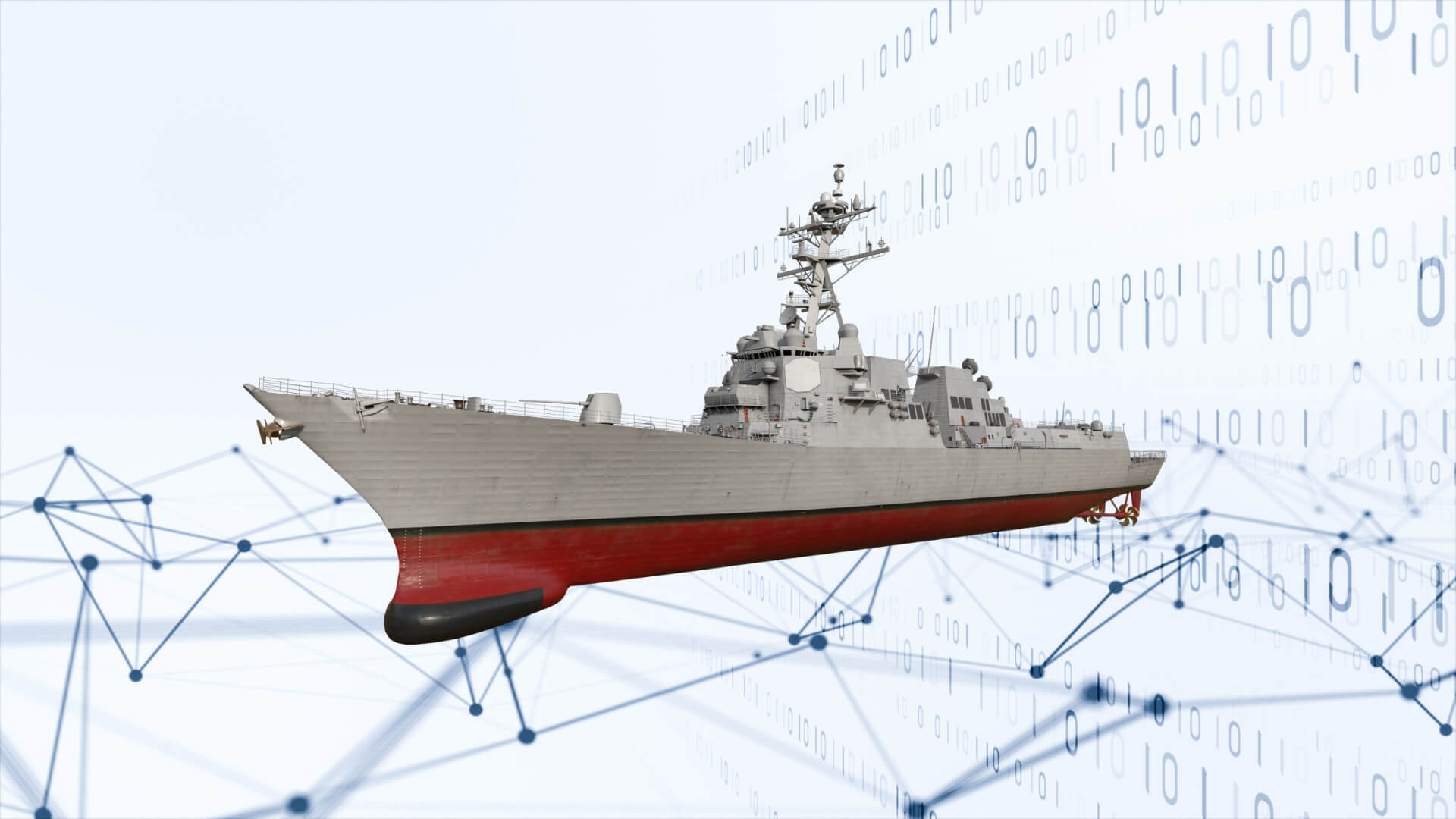 digital rendering of a naval ship surrounded by binary code and network lines on a light background.