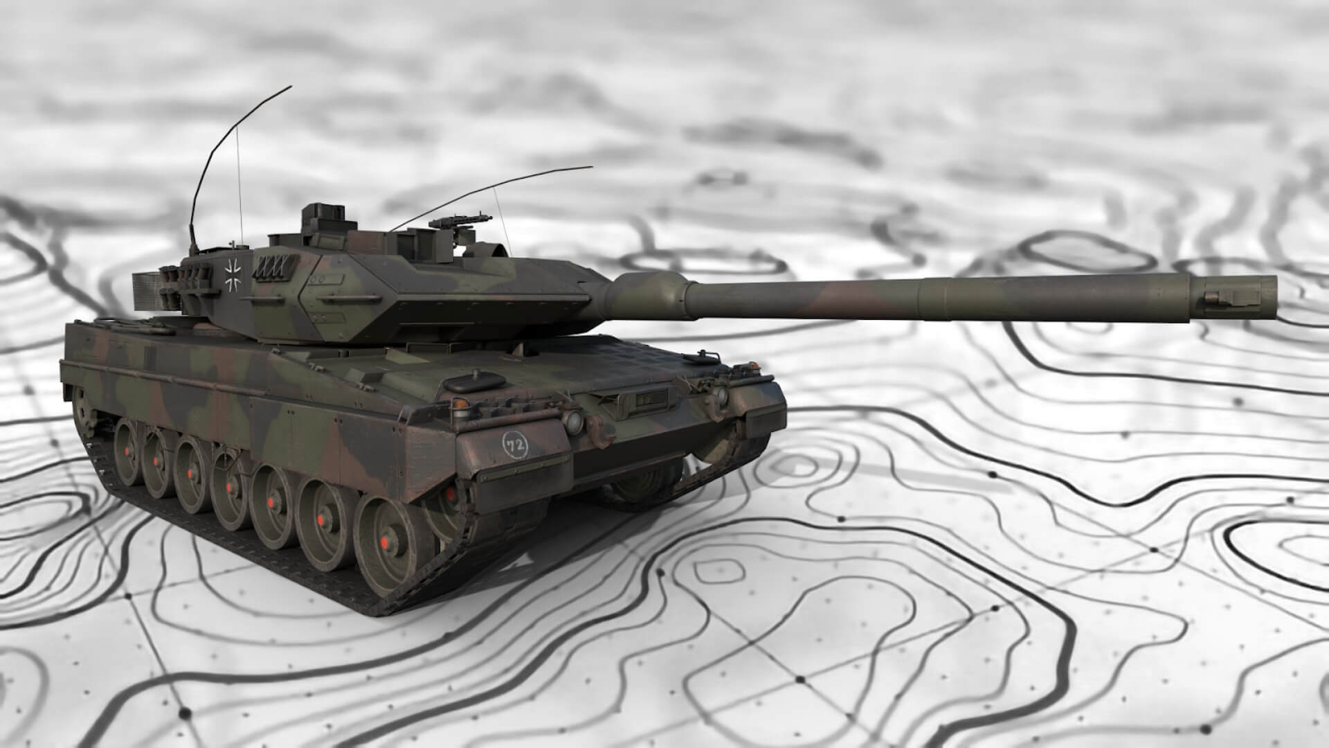 military tank is positioned on a topographic map background.