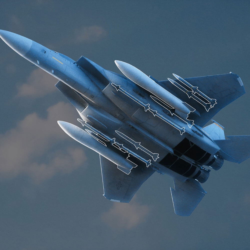 military jet is flying upward with several missiles attached to its wings against a cloudy sky.