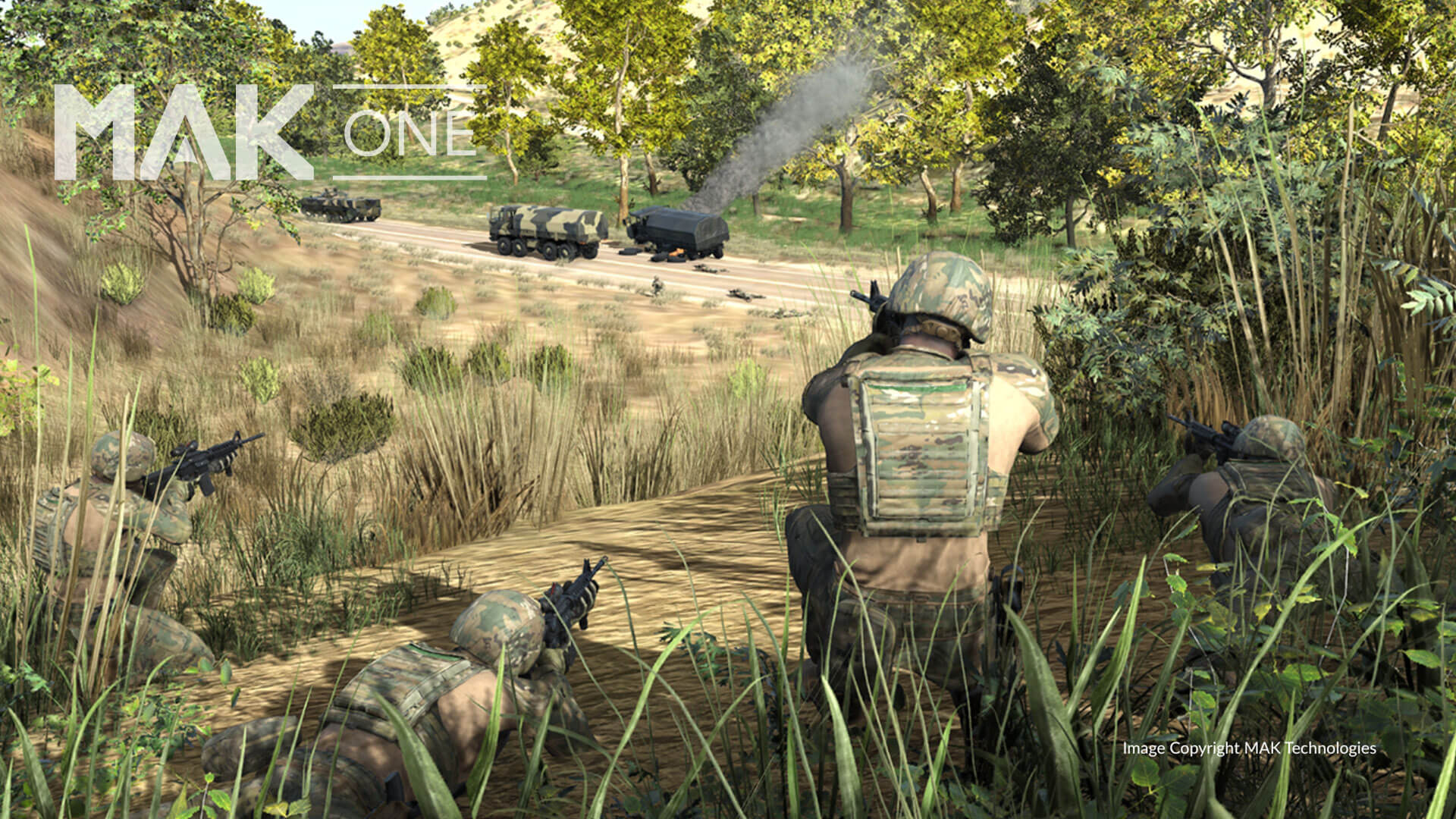 Soldiers in camouflage crouch in grass, aiming weapons at a distant road with military vehicles and smoke.