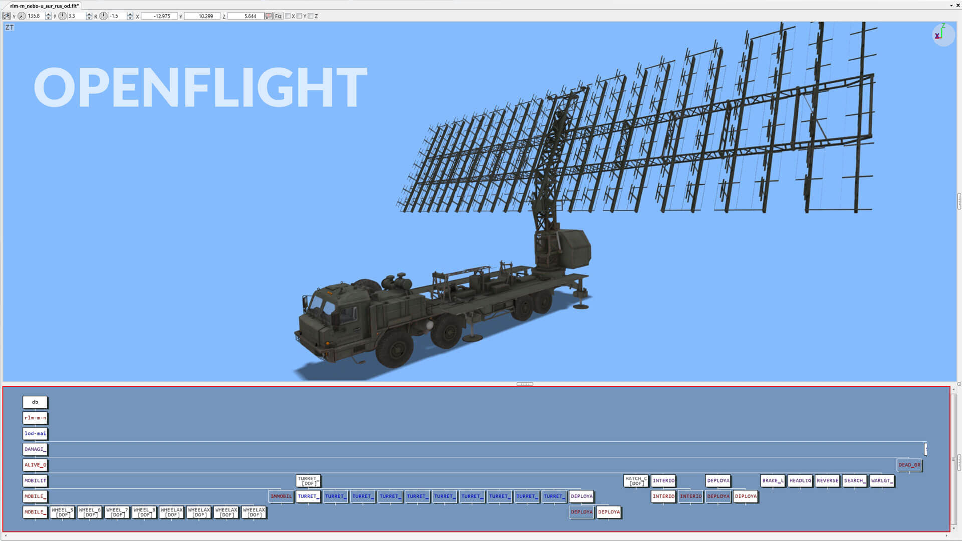 military vehicle with a large radar array is displayed against a blue background, labeled "OPENFLIGHT."