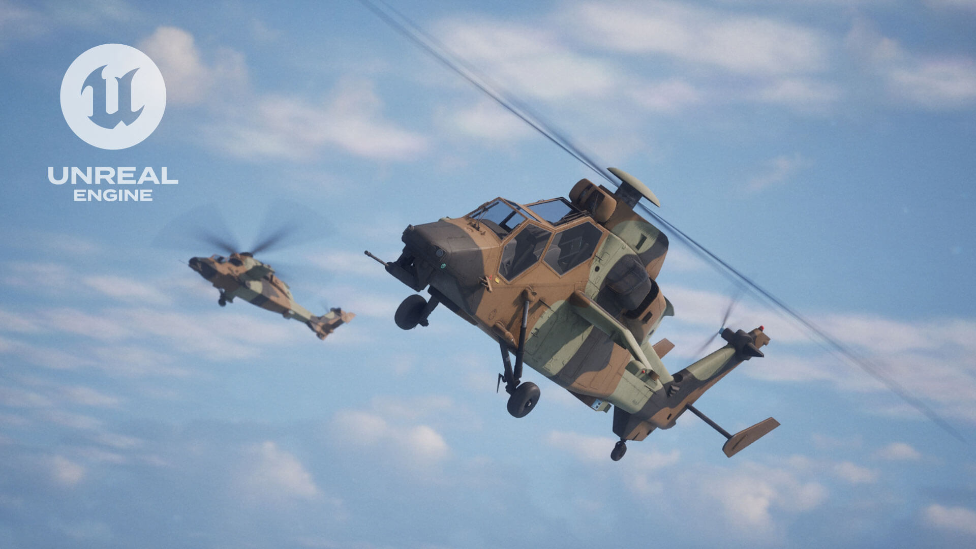 Two military helicopters fly against a blue sky with clouds, featuring the Unreal Engine logo in the corner.