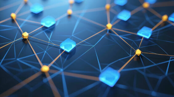 close-up of a network of blue and yellow geometric shapes connected by lines on a dark background.