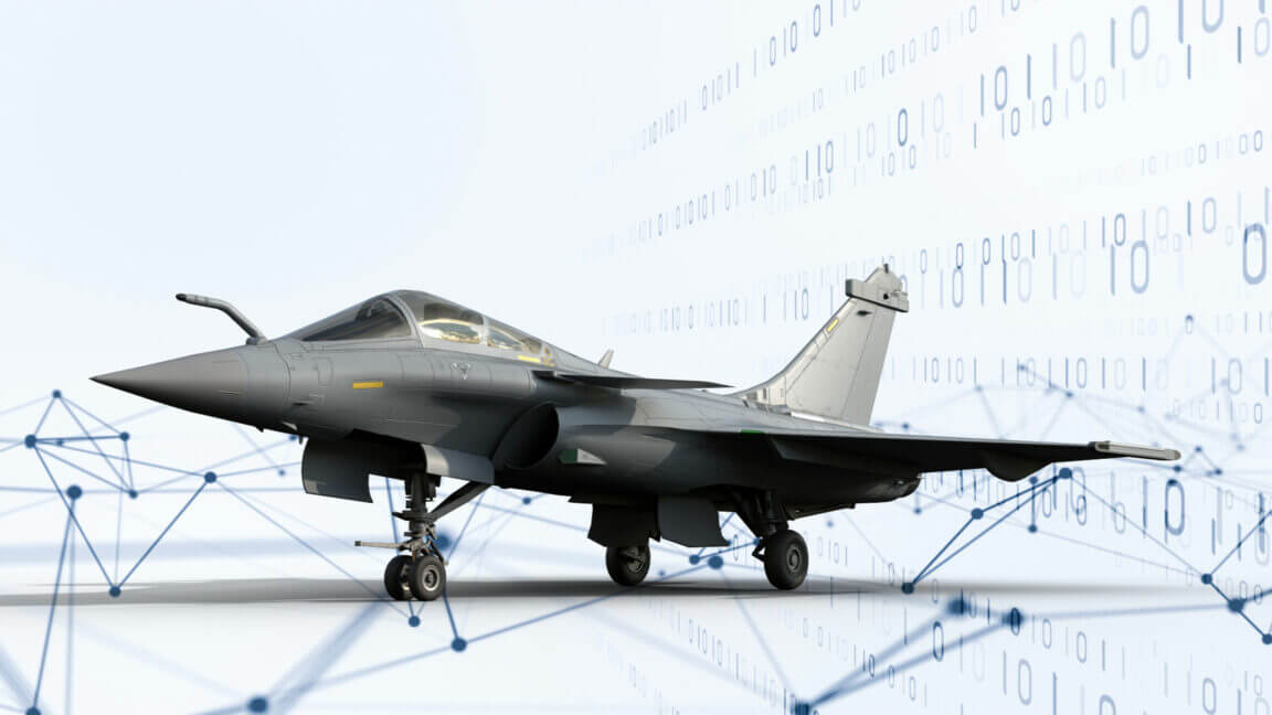 gray fighter jet is positioned in front of a digital binary code background, showcasing a modern technological theme.