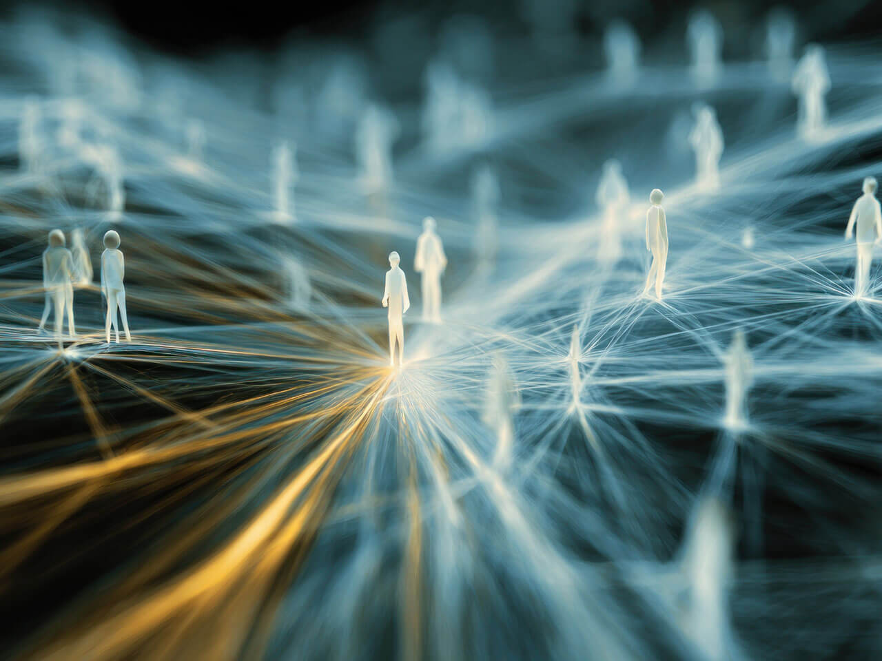 network of translucent figures connected by glowing lines against a dark background, suggesting interaction and…