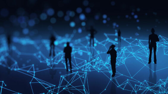 Silhouettes of people stand on a blue, network-like background with glowing lines and dots.