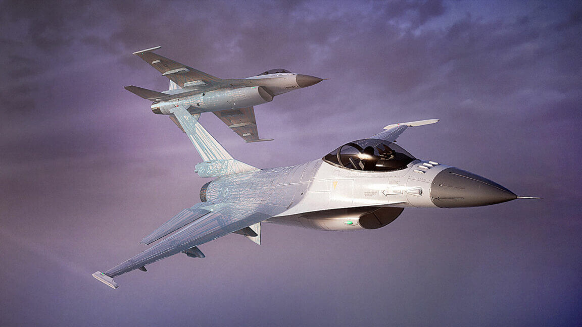 Two F-16 fighter jets flying in formation against a cloudy purple sky.