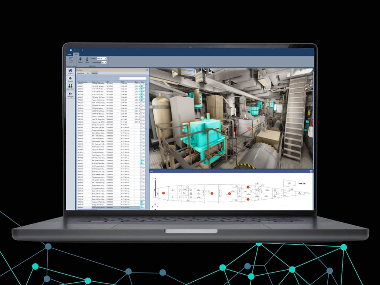 laptop displays a software interface with a 3D industrial scene and a data table on a black background.