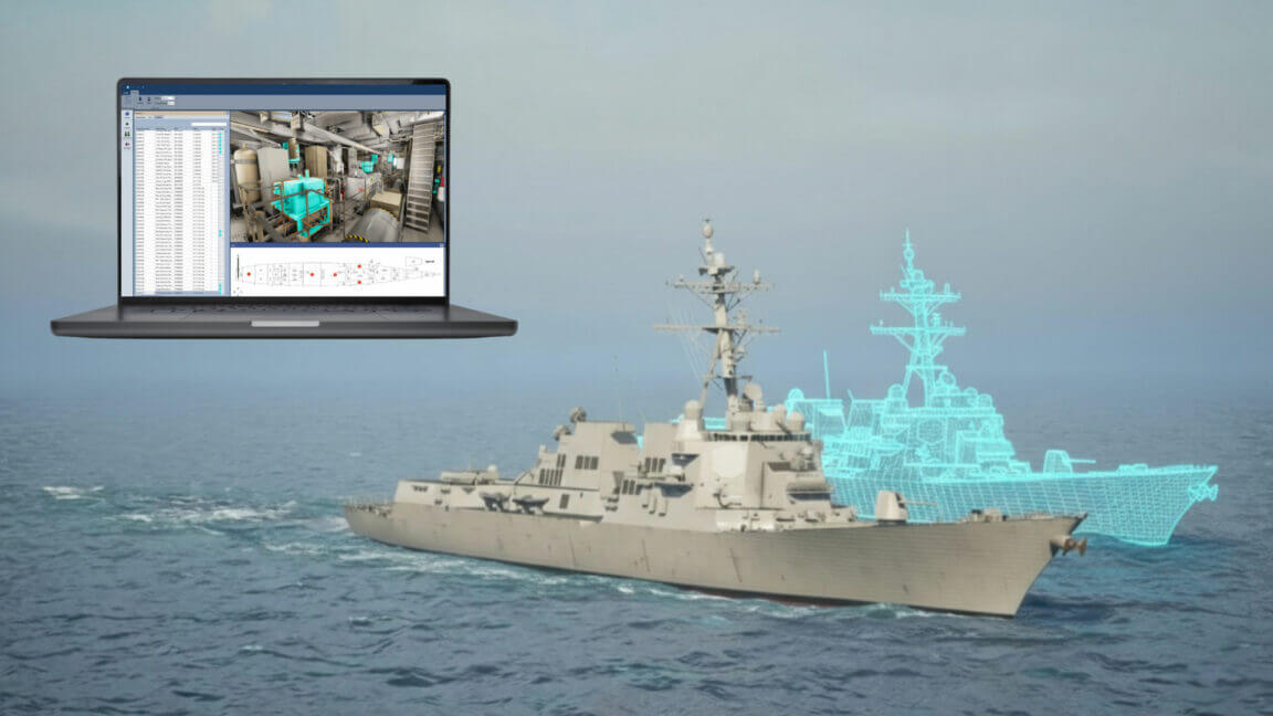 laptop displays a 3D model of a naval ship alongside a real ship navigating through water.