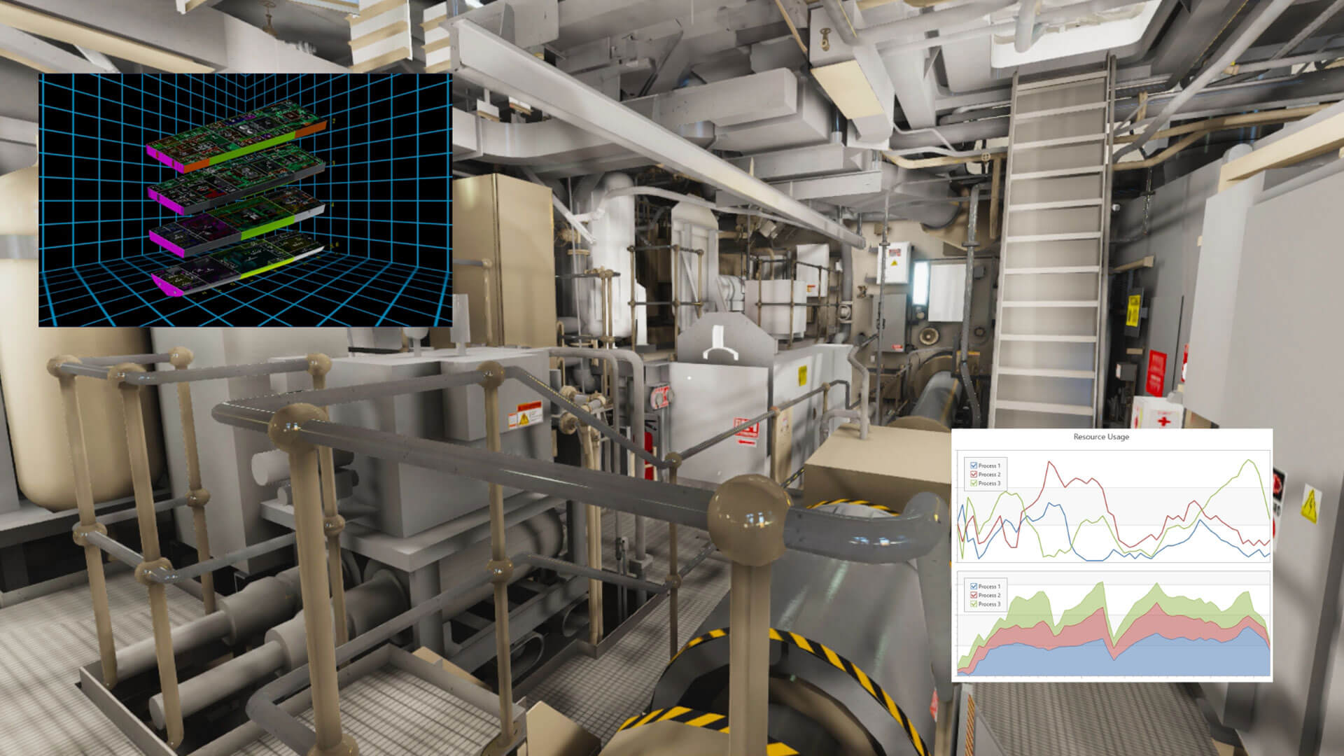 detailed industrial interior with machinery, featuring 3D models and resource usage graphs displayed above.