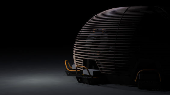 partially illuminated, spherical structure with horizontal slats and yellow accents against a dark background.