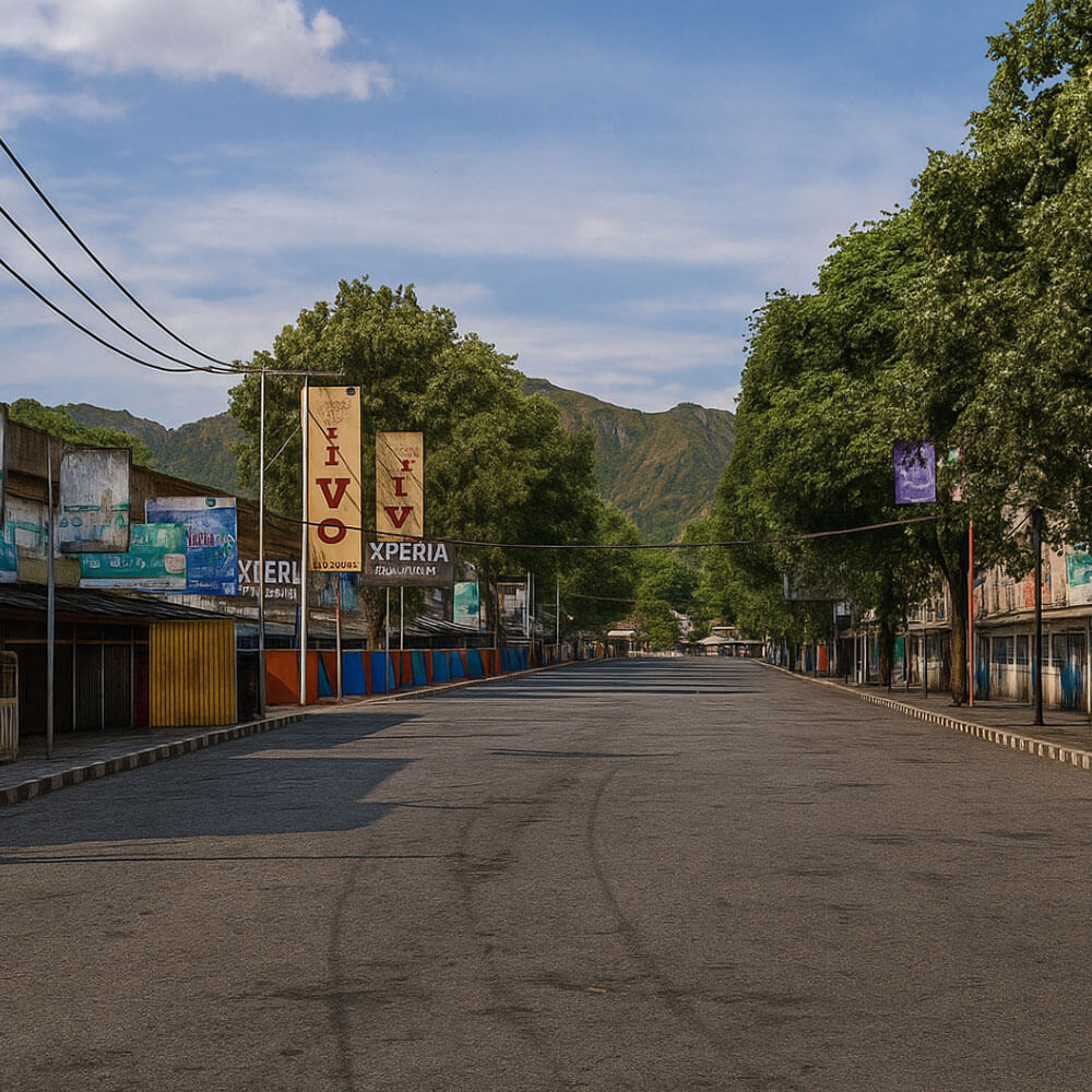 deserted street lined with shops and trees, under a clear blue sky and mountains in the background.