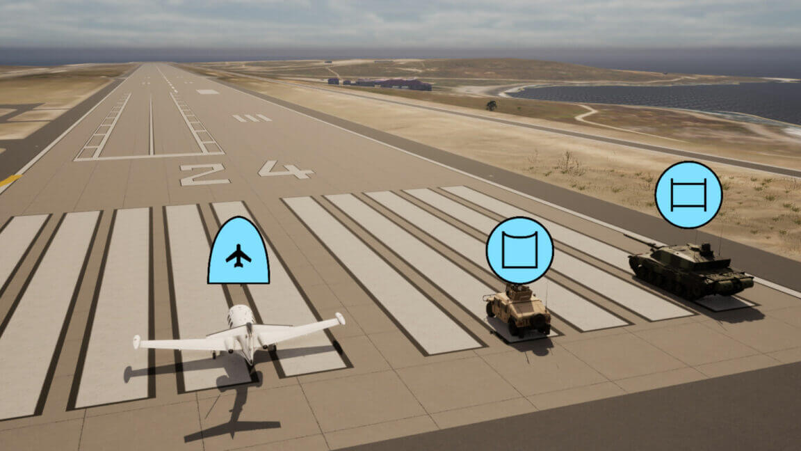 aircraft and two military vehicles are positioned on a runway with icons indicating their types.