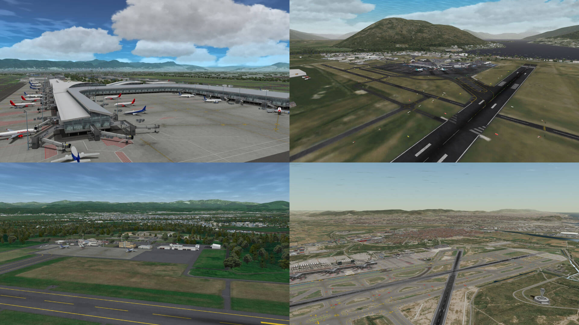 Four aerial views of different airport layouts, showcasing runways, taxiways, and terminal buildings.