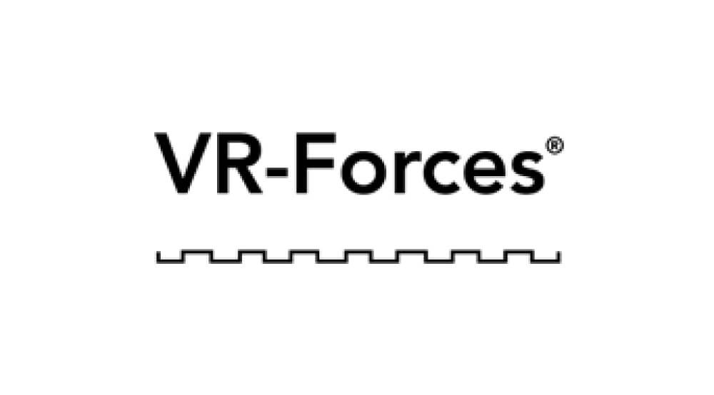 Logo of VR-Forces displayed in bold text with a wavy line beneath it.